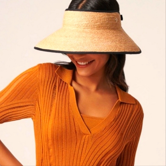 Helen Kaminski Mita packable Raffia Visor with black trim, elastic back - Picture 3 of 16
